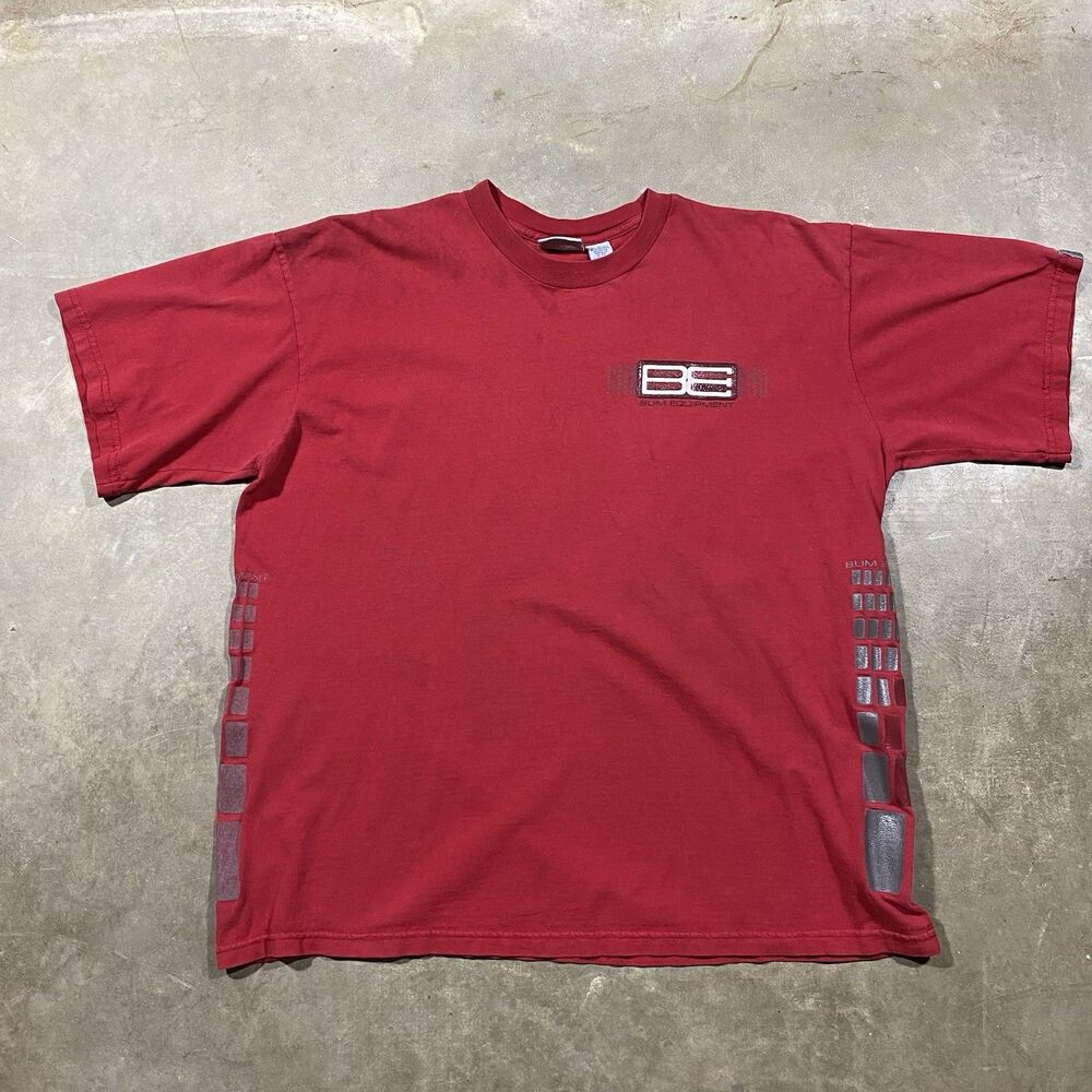 VTG Y2K B.U.M. Equipment BE Logo Tee Red Metallic Grid Graphic Shirt L